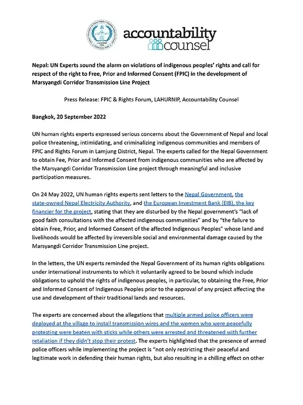 Nepal: UN Experts sound the alarm on violations of indigenous peoples’ rights and call for respect of the right to FPIC in the development of Marsyangdi Corridor Transmission Line Project